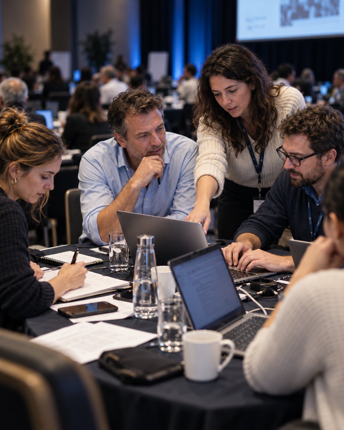 Empresario y su equipo trabajando juntos en un taller del congreso